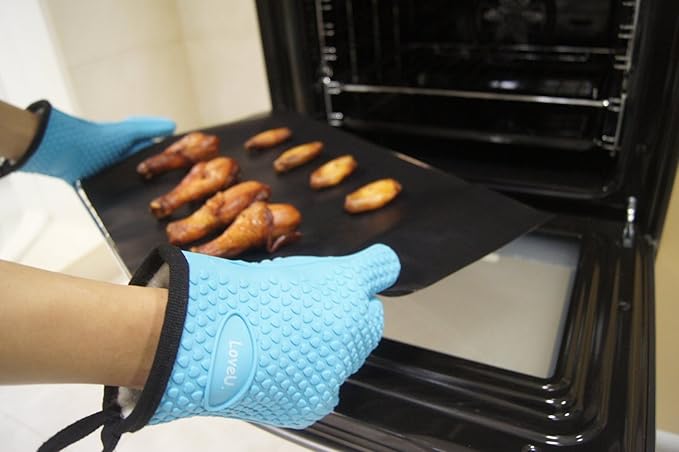 Kitchen Oven Gloves - Dual-Layer Heat Resistant Grilling Gloves, Silicone Oven Mitts with 5 Fingers, Waterproof Non-Slip Pot Holder for Barbecue, Cooking, Baking (Small, Blue)