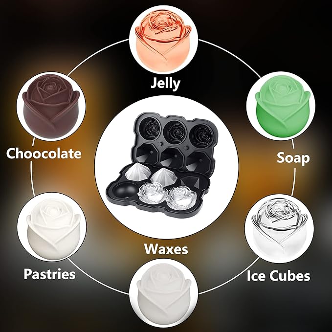 Rose Ice Cube Tray,ZACHDEE 2" Flower Silicone Ice Cube Tray With Covers,6 Easy Release Large Ice Ball for Cocktails, Drinks, Whiskey, Bourbon & Homemade Juice