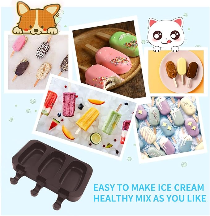 Popsicle Molds Set of 2, Ice Pop Molds Silicone, 3 Cavities Ice Cream Oval Cake Pop Mold with 100 Wooden Sticks for DIY Popsicle, Cake (Brown)