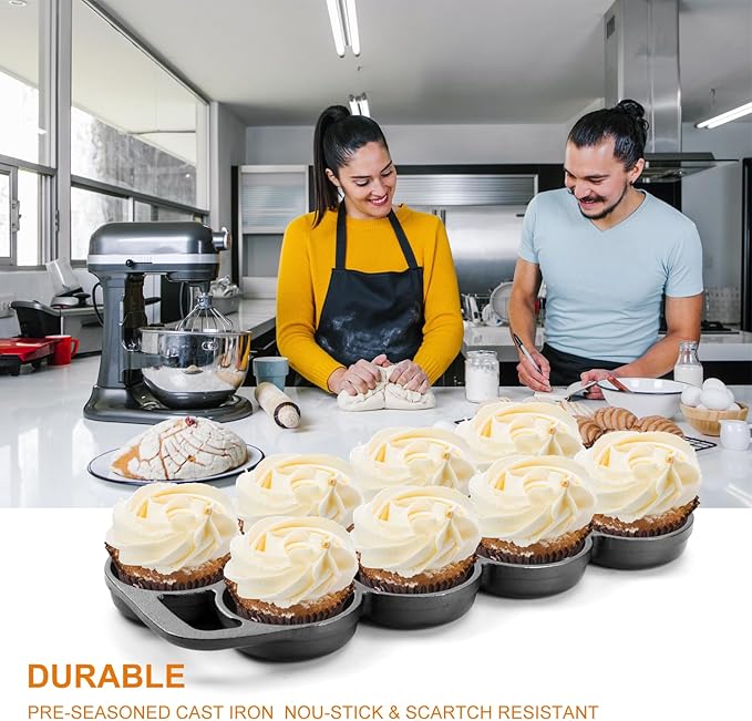 DVK Cast Iron Muffin Pan - Heavy Duty Cupcake Pan Muffin Tin, Non-Warping Even Heat Distribution for Perfect Cupcakes, Mini Cakes, Tarts, Quiches Ideal for Home Bakers Professional Chefs