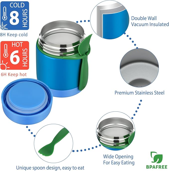 Bento Lunch Box Set for Kids with 10oz Soup Thermo, Leak-Proof Lunch Containers with 4 Compartment, Thermo Hot Food Jar and Insulated Lunch Bag for Kids to School,BPA-Free(Blue)