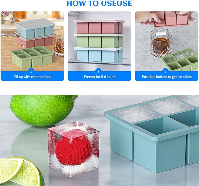 Large Ice Cube Tray for Whiskey 3 Pack, HANCELANT Big Silicone Square Ice Cube Mold with Removable Lid, 2'' Huge Square Ice Cubed Tray for Whisky and Cocktail(Blue+Green+Pink)