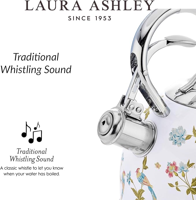 VQ Laura Ashley Elveden White 2.5L Stainless Steel Tea Kettle Stovetop Whistling Teapot for Induction, Gas Hob or others. Silicon Coated Cool Handle & Push Button Mechanism Vintage Stove Top Kettle