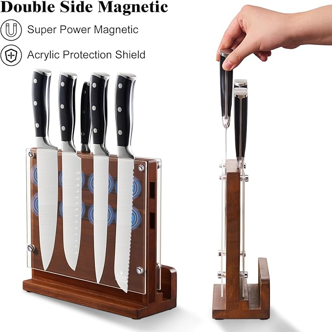 ENOKING Magnetic Knife Block with Acrylic Shield, Double Side Kitchen Knife Holder without Knives- Acacia Wood Universal Knife Storage Organizer with Powerful Magnet for Kitchen Counter
