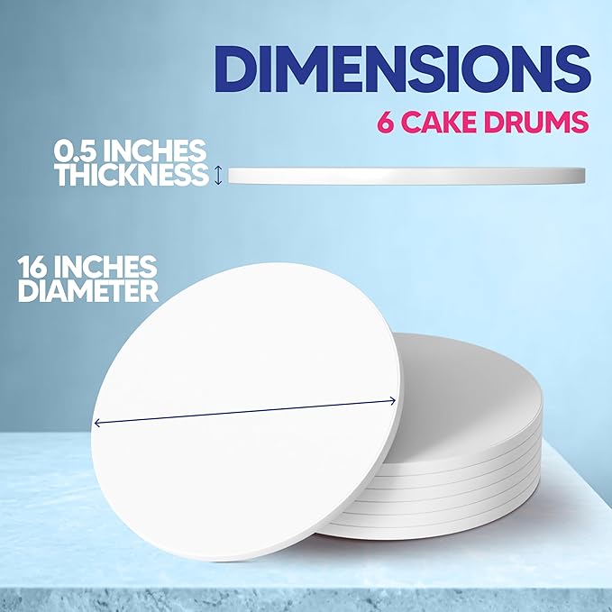 RICCLE Cake Boards - 16 Inch Cake Drum - Pack of 6 Smooth-Edged - Sturdy Cake Boards Round - Bend Resistant Multi-Layered Cake Base for Minimalist Displays (16 Inch)