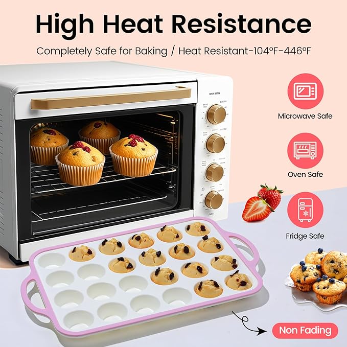 Silicone Mini Muffin Pan With Metal Reinforced Frame - 24 Cups Durable Silicone Cupcake Pan for Muffin, Cupcakes, BPA Free and Dishwasher Safe - 2 Piece Pink