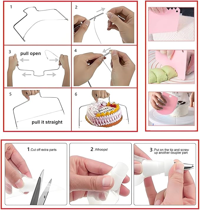 298 Pcs Cake Decorating Kit with Cake Turntable,Cake Leveler,24 Numbered Icing Tips,2 Spatulas,3 Comb Scrapers,8 Carved Pens,100 Pastry Bags,100 Paper Cupcake Liners, (Pink)