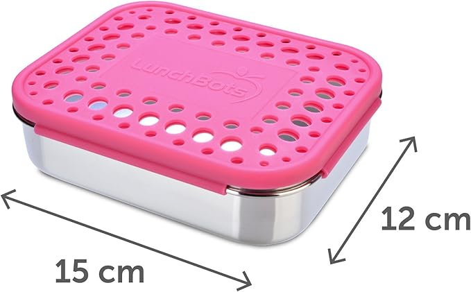 LunchBots Medium Duo Snack Container - Divided Stainless Steel Food Container - Two Sections for Half Sandwich and a Side - Eco-Friendly - Dishwasher Safe - Stainless Lid - Pink Dots