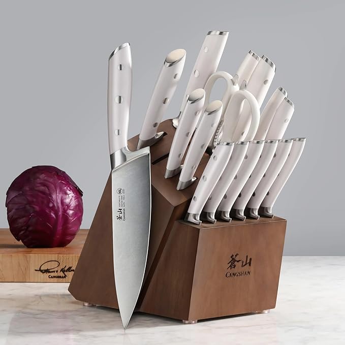 Cangshan Alps Series German Steel Forged 17-Piece Knife Block Set, Acacia (White)