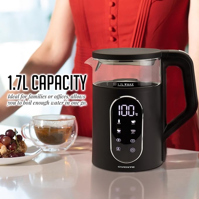 OVENTE Electric Kettle, 1.7L Fast Boiling Water Heater with Digital Touchscreen, Double-Wall Cool Touch Exterior, 5Hr Keep Warm, Auto-Shut Off, Boil-Dry Protection and Borosilicate Glass, Black KD96B
