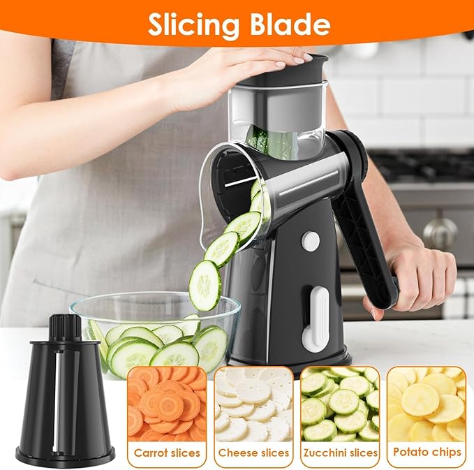 5 Blade Rotary Cheese Grater and Vegetable Chopper with Storage Box and Hand Crank, Compact Shredder for Cheeses, Veggies, Nuts - Easy to Use, Non-slip Suction Base,Black