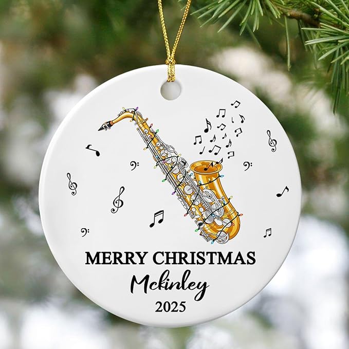 Customized Year Text Name Alto Saxophone Player Ceramic Ornament, Personalized Alto Saxophone Instrument Xmas Ornaments Gift for Women Men Friends Husband Wife, Unique Musical Lover Ceramic Ornament