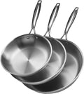 VEVOR Tri-Ply Stainless Steel Frying Pan, 3 Pcs Set (8, 10, 12 in), Cooking Skillet with Heat-Resistant Handle, Chef's Kitchen Cookware, Oven, Gas, Electric, Induction, Dishwasher Compatible, Silver