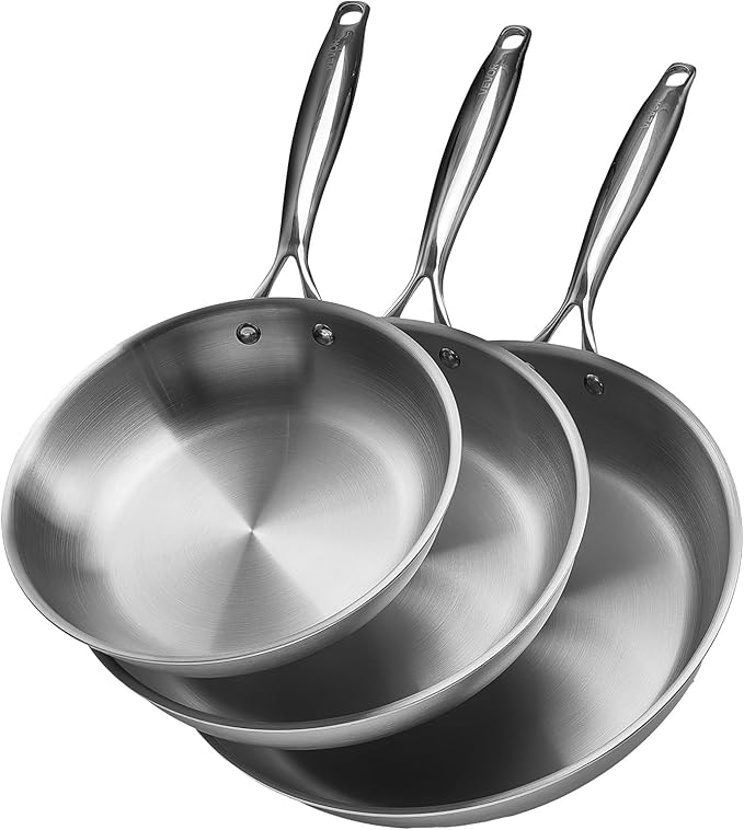 VEVOR Tri-Ply Stainless Steel Frying Pan, 3 Pcs Set (8, 10, 12 in), Cooking Skillet with Heat-Resistant Handle, Chef's Kitchen Cookware, Oven, Gas, Electric, Induction, Dishwasher Compatible, Silver