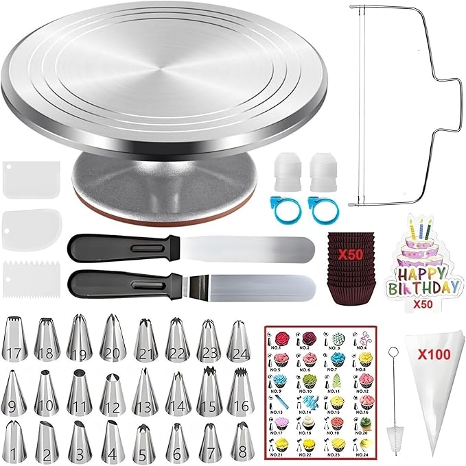 237 Pcs Cake Decorating Kit with Aluminium Alloy Rotating Cake Turntable,Cake Leveler,24 Numbered Icing Tips,2 Coupler,2 Spatulas,3 Comb Scrapers,100 Disposable Pastry Bags