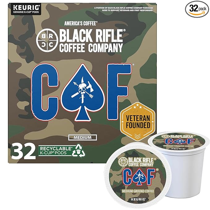 Black Rifle Coffee Company CAF, 32 Count, Medium Roast K Cups - Single Serve K Cups Coffee Pods - Kcup Pods Compatible with Keurig 1.0 & 2.0 - Made from Arabica Beans