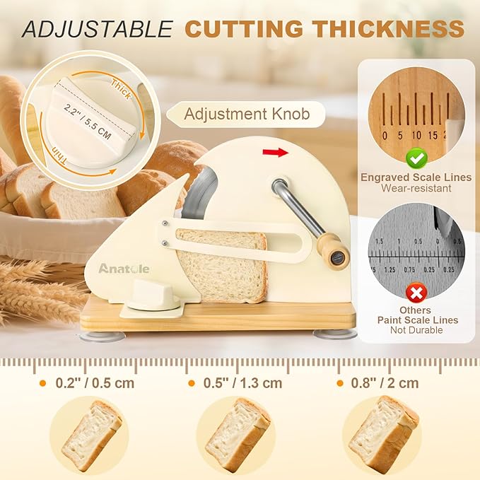 Anatole Foldable Manual Bread Slicer for Homemade Sourdough Bread with Engraved Scale Line Bread Guide Hand Crank Bread Cutter with Adjustable Thickness Stainless Steel Blade 6 Suction Cups