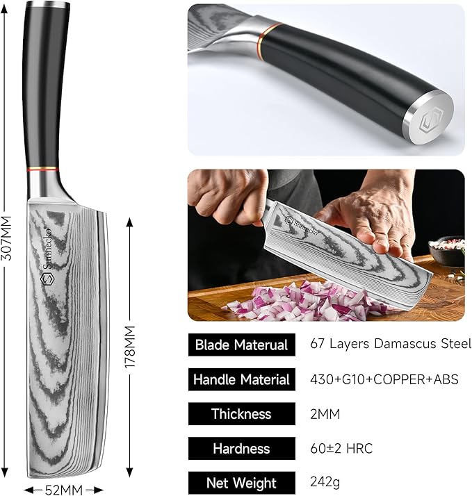 Sunnecko Damascus Nakiri Knife,Japanese VG10 Core Steel Damascus Cleaver Knife,Professional Razor Sharp Kitchen Knives with Knives Sharpner