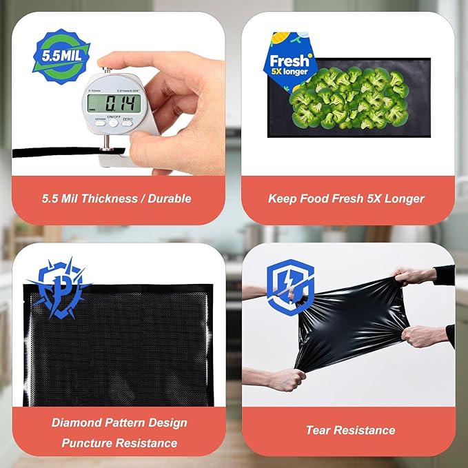 All Black Vacuum Sealer Bags 11" x 24", 5.5 Mil Precut Vacuum Seal Bags for Food Storage, Sous Vide, and Meal Prep, Heavy Duty Commercial Grade, 50 Count