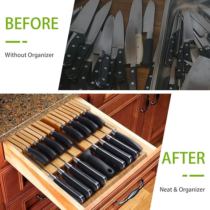 HHXRISE Knife Drawer Organizer, Bamboo In-Drawer Insert Knife Block Holds 16 Knives (Not Included) + Sharpener Slot, Detachable Washable Holder for Kitchen Knives Storage