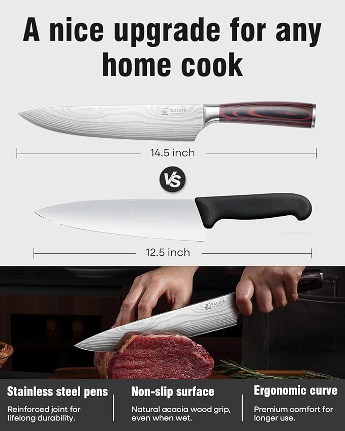 PAUDIN Chef Knife - 9 Inch Sharp Kitchen Knife with Sheath, High Carbon Stainless Steel Japanese cooking knives with Ergonomic Handle, Premium Gift Box