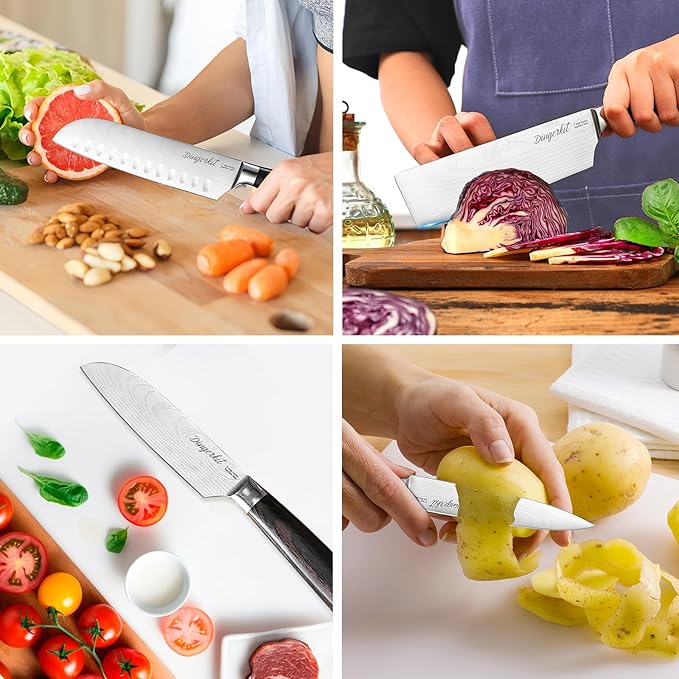Knives Set for Kitchen, Chef's Knife Set Professional with Chef Santoku Cleaver Nakiri Fruit 5pcs Knife - Damascus Stainless Steel Cooking Knife Set with pakkawood Handle.