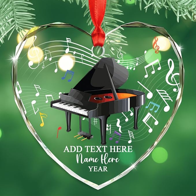 Unique Piano Glass Christmas Ornament Gift for Daughter Son Brother Sister Kids, Customized Year Text Name Piano Player Pianist Keepsake Ornaments, Personalized Piano Instrument Glass Xmas Ornament