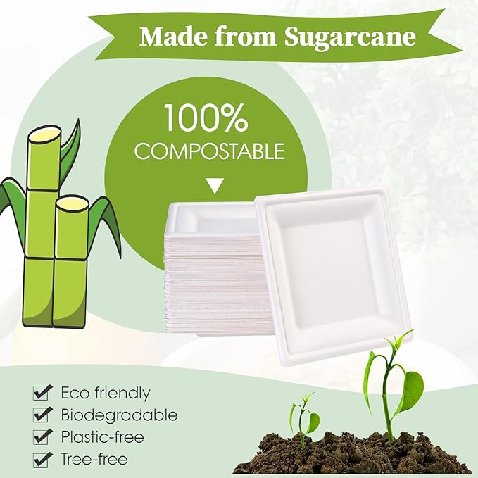 ECOLipak 10 Inch Square Paper Plates, 300 Pack Compostable Heavy Duty Biodegradable Paper Plates, Made from Sugarcane, Eco Friendly White Disposable Plates for Party, Dinner