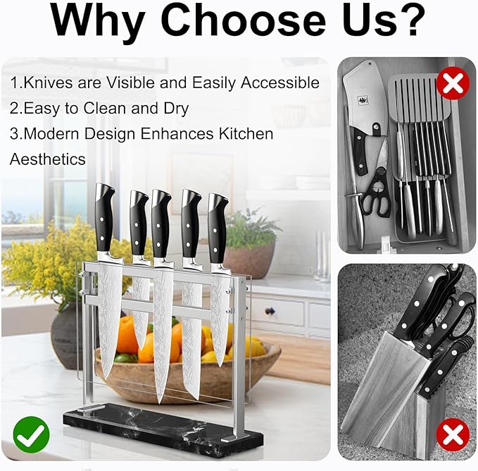 Acrylic Shield Magnetic Knife Block Holder - Marble Base Magnetic Knife Stand for Counter Top -Double Sided Magnetic Knife Holder -Stainless Steel Kitchen Knife Block without Knives -Black