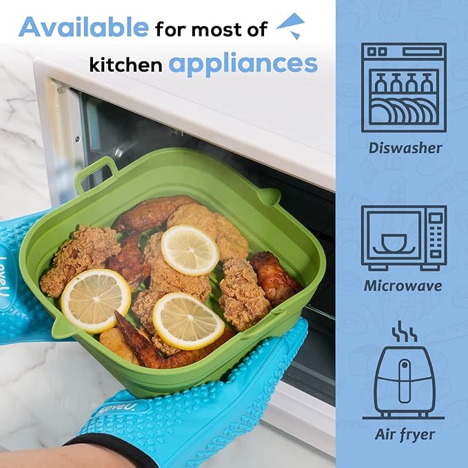 Silicone Air Fryer Liners - Square Reusable Airfryer Basket - Easy to Clean Air Fryers Silicone Pot for 5.8 to 8 Qt Air Fryer Baking Tray Oven Accessories, 8.5 Inch Large