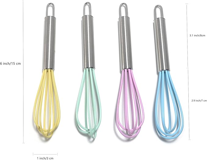 Mini Whisks 6 inch 4Pcs silica gel stainless steel Whisk, Hand Egg Mixer for Flour Cake Egg, Kitchen Cooking Baking Use Whisk （purple，yellow，cyan，blue）