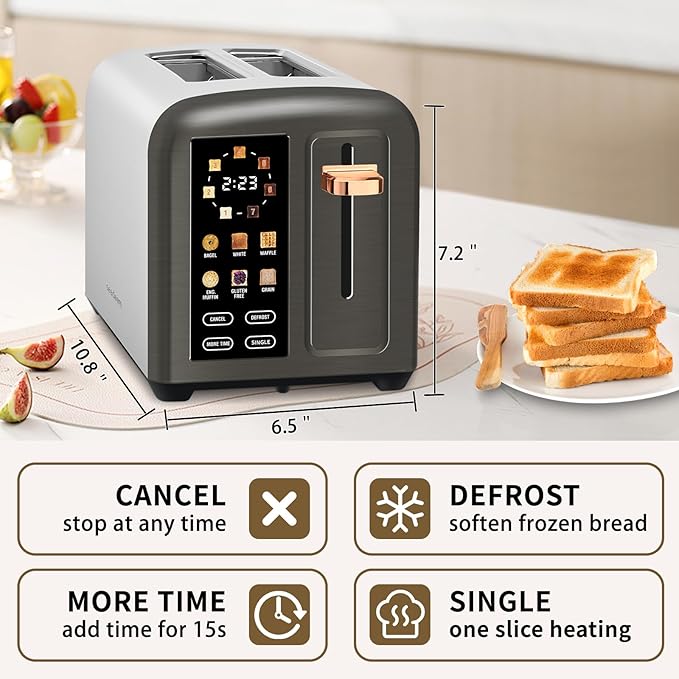 SEEDEEM Toaster 2 Slice, Real Touch Screen with LCD Display, Single-Slice Function, Stainless Steel Toaster, 50% Faster Heating, 1.5" Wide Slots, Removable Crumb Tray, 1350W, Dark Metallic