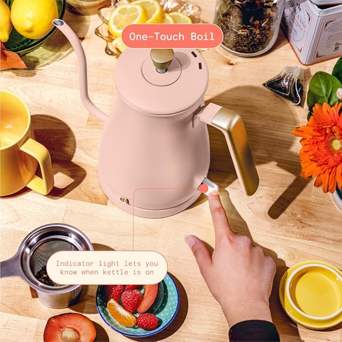 Beautiful 1L Electric Gooseneck Kettle, Precision Pour Spout, 1200W Fast Boil, Auto Shut-Off, Cordless, Stainless Steel, Tea & Coffee Maker with Ergonomic Handle, Matte Finish (Rose)