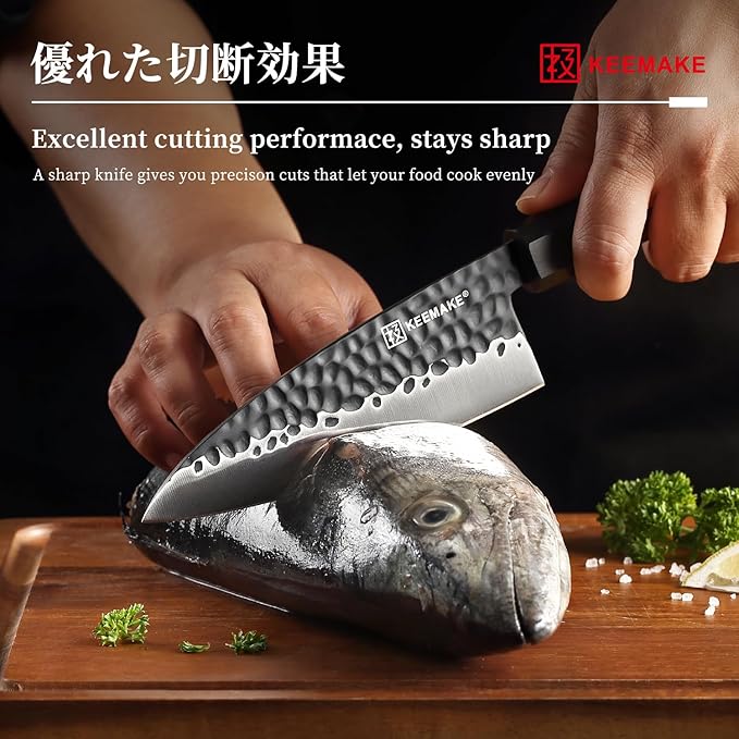 KEEMAKE Deba Knife 6 inch, Double Bevel Japanese 440C Stainless Steel Fish/Fillet Knife with G10 Bolster Octagonal Wood Handle