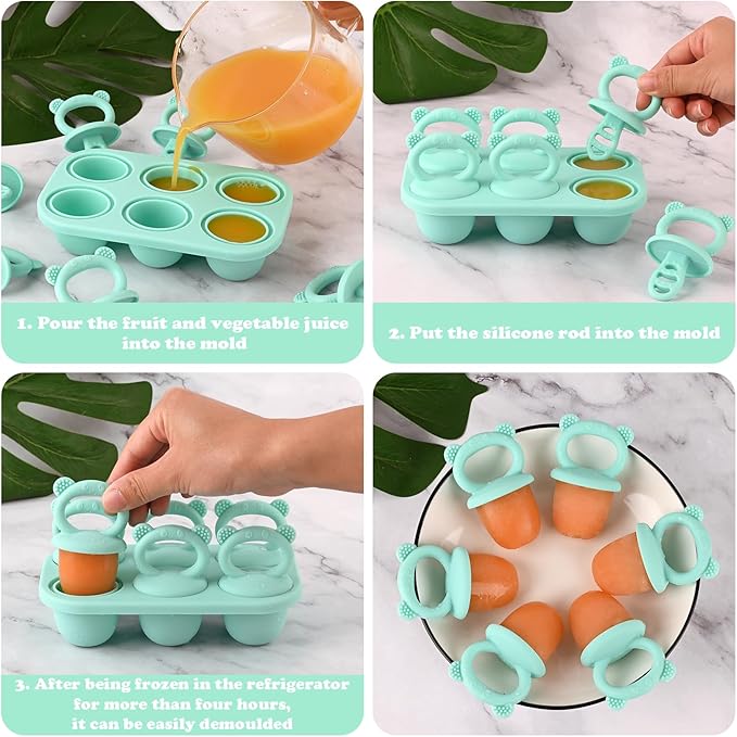 HUAKENER Mini Popsicle Molds, Silicone Popsicle Mold for Toddlers, 6-Cavity Ice Pop Molds with Handle for Making Healthy Baby Food, Breastmilk Popsicle (Green)