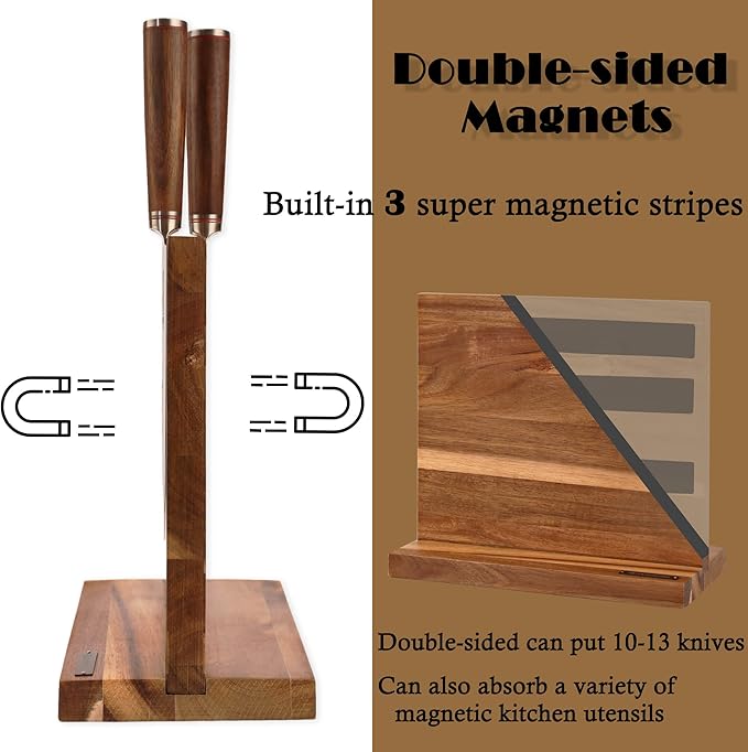 YOUSUNLONG Magnetic Knife Block - Magnetic Knife Holder - Magnetic Knife Stand - Double Sided Magnetic Acacia Wood - Holds 10 inch knives - Large Cutlery Display Stand and Storage Rack