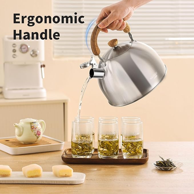 18/8 Stainless Steel Tea Kettle for Stovetop (5L / 5.29 Quart, Whistling Tea Pot, Wood Handle)-Silver