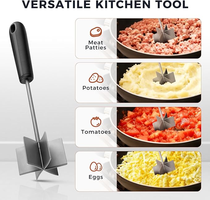 Stainless Steel Meat Chopper & Masher, Coinicxcel 10 Inch Heat Resistant Ground Beef Chopper Tool with 6 Curve Blades & Egonomic Non-Slip Handle, Heavy-Duty Hamburger Smasher Tool Dishwasher Safe