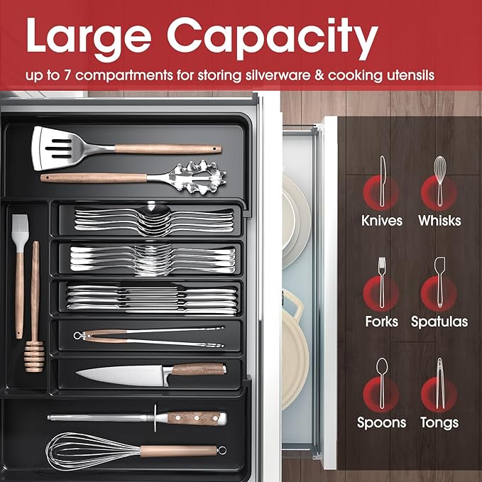 Aujen Silverware Organizer - Expandable Kitchen Drawer Organizer, Adjustable Utensil Organizer, Cutlery Tray for Forks, Knives, Multipurpose Kitchen Organizers and Storage Solution, Black, Large