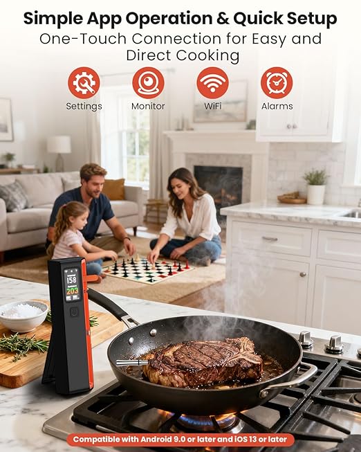 Wireless Bluetooth Smart Meat Thermometer: ±0.5°F Accuracy, 1 Probe with 6 Sensors - WiFi Digital Thermometer with LED Base, NIST Certified Accuracy, Long-Range for BBQ, Grill, Smoker, Oven