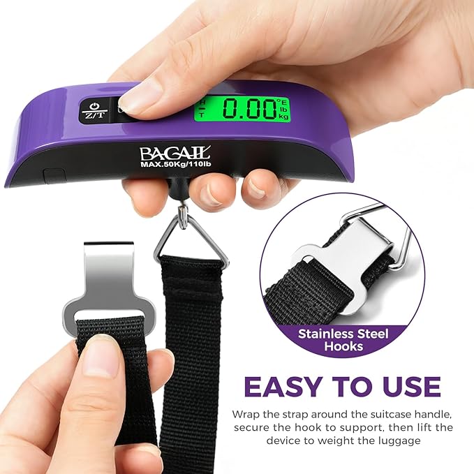 BAGAIL Digital Luggage Scale, 110lbs Hanging Baggage Scale with Backlit LCD Display, Portable Suitcase Weighing Scale, Travel Luggage Weight Scale with Hook, Strong Straps for Travelers