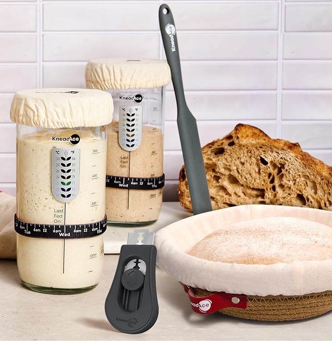 KneadAce Sourdough Starter Kit (24oz Jar, 2xRound Baskets, Gray Bread Lame)
