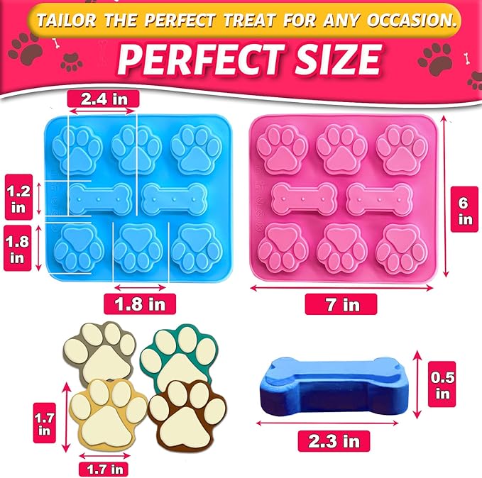 3Pcs Puppy Paw & Bone Silicone Molds - Non-Stick Candy Mold, Reusable Ice Cube Molds for Frozen Dog Treats, Chocolate, Jelly, Biscuit - Food Grade 2-in-1 Dog Treat Mold for Baking and Freezing