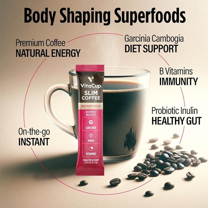 VitaCup Slim Instant Coffee Packets, with Garcinia, Fiber, B Vitamins, Skinny Coffee, Bold & Smooth, Medium Dark Roast, 100% Arabica Coffee in Single Serve Sticks, 48 Ct