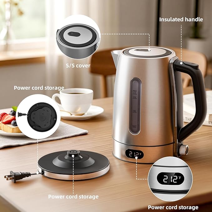 Kndko Electric Kettle,Temperature Adjustmenet, Stainless Steel Filter and Kettle,1.7L Tea Kettle & Hot Water Boiler For Coffee & Tea, Automatic Shut Off, 1500W, Silver
