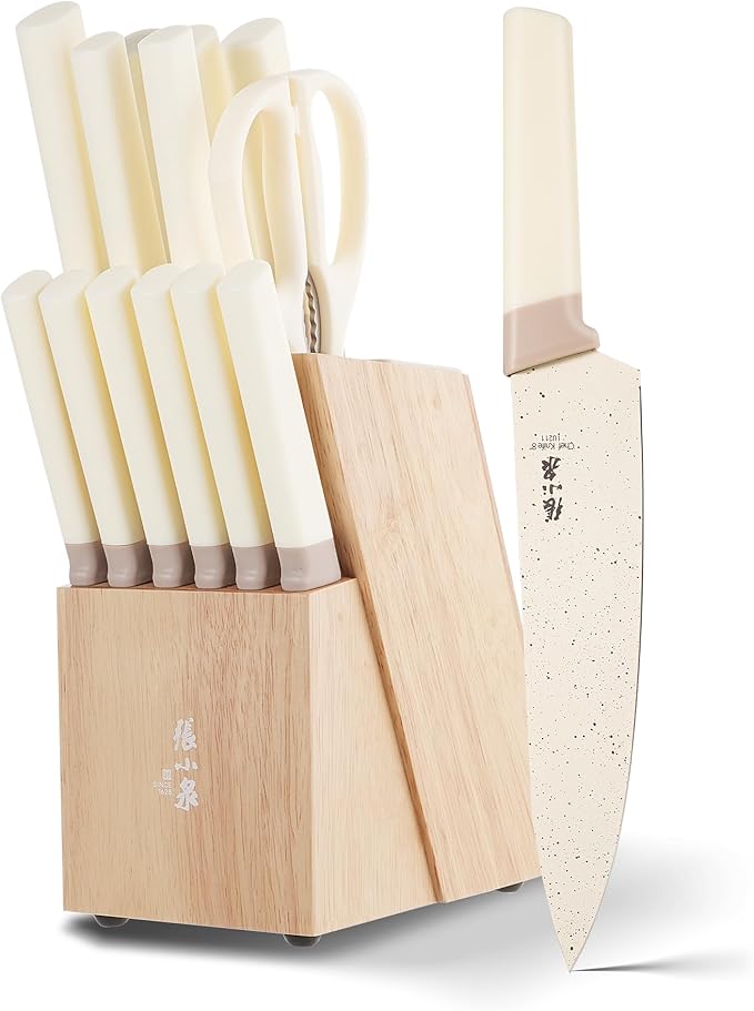 ZHANG XIAO QUAN SINCE 1628 15Pcs Knife Set with Block, High Carbon Stainless Steel Kitchen Knife Set with Ceramic-Coated Blade, Sharp and Durable, Hundreds of Years of Masterful(Cream)
