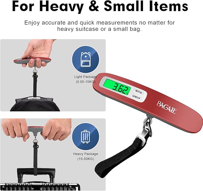 BAGAIL Digital Luggage Scale, 110lbs Hanging Baggage Scale with Backlit LCD Display, Portable Suitcase Weighing Scale, Travel Luggage Weight Scale with Hook, Strong Straps for Travelers