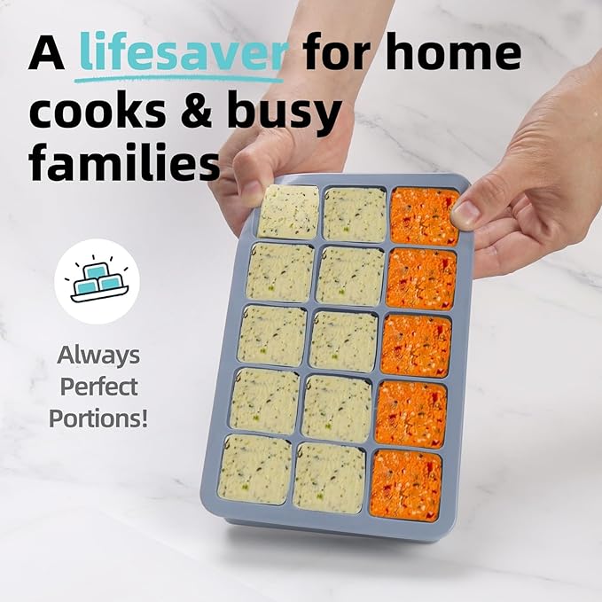 2 Tbsp Silicone Freezer Molds - Perfect for Storing Garlic, Herbs, Ginger, Pesto, Tomato Paste, Lemon Juice, Purees and More - Silicone Food Freezer Tray(Blue 4 Pack)