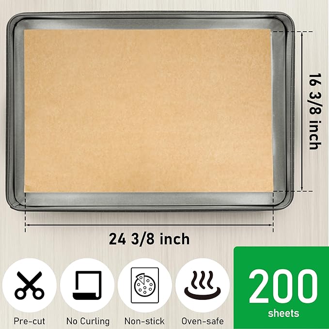 EcoDispose Non-Stick Precut Parchment Paper Baking Sheets Full Pan liner for Bake (16-3/8" x 24-3/8",Unbleached,200PCS)