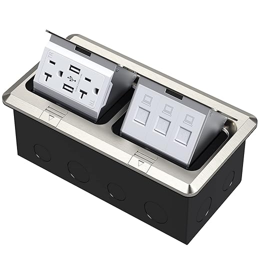 KYHSHJ Dual Pop-Up Floor Electrical Outlet Box Kit，20 Amp Stainless Steel USB TR Receptacle Outlet，3-Port RJ45 Datacom Receptacle，Waterproof Gasket with IP44 Waterproof Rating, Stainless Steel Color